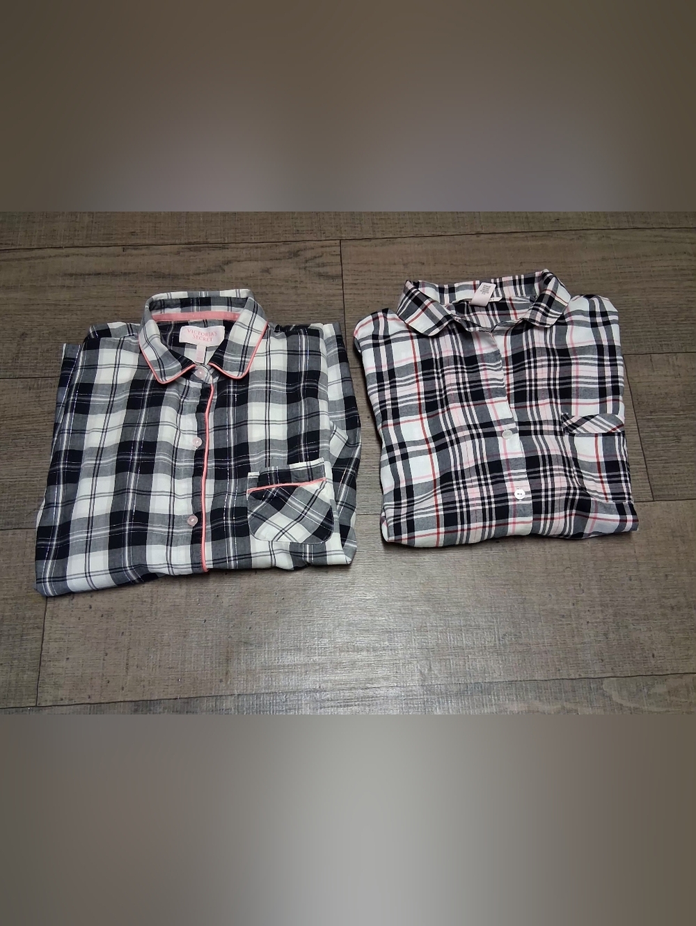 Set Of TwoVictoria's Secret Plaid Button-Up Shirts in Black, White and Pink Trim